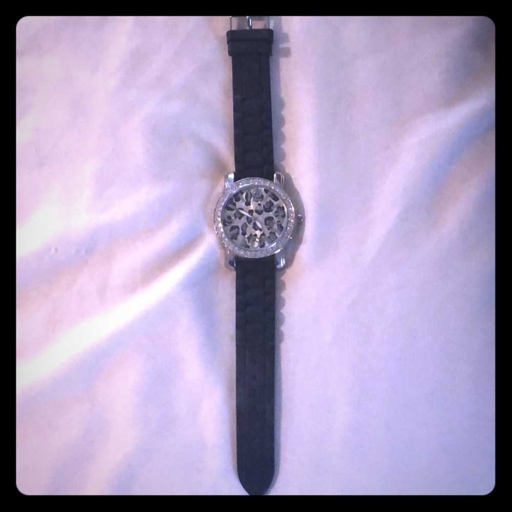 Black, silver, and leopard watch